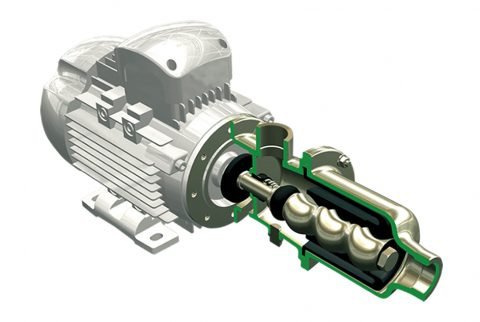 Bomba helicoidal industrial com motor em vista de corte