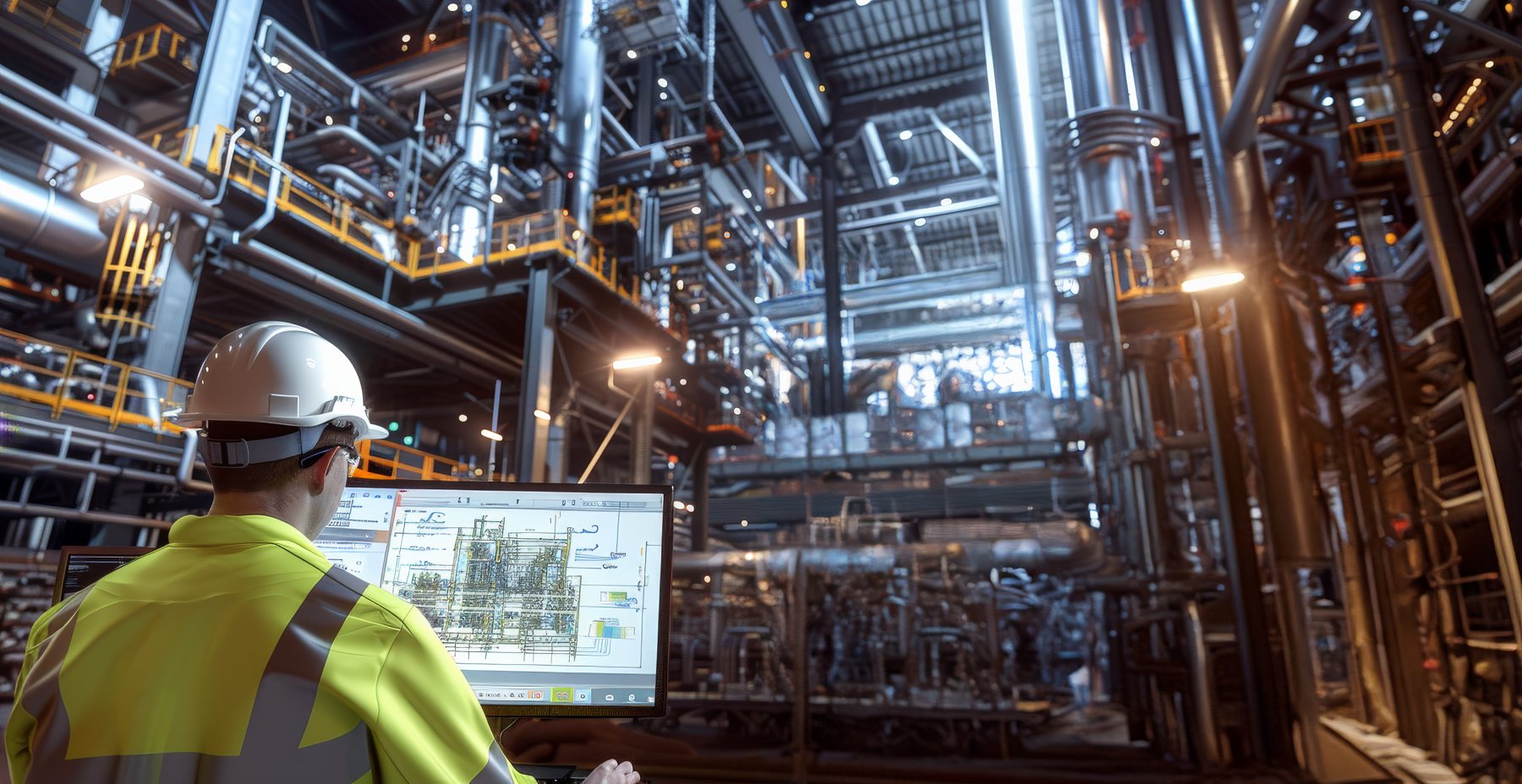 Engenheiro de capacete observando o projeto de uma planta industrial em um monitor, em frente a estruturas e tubulações